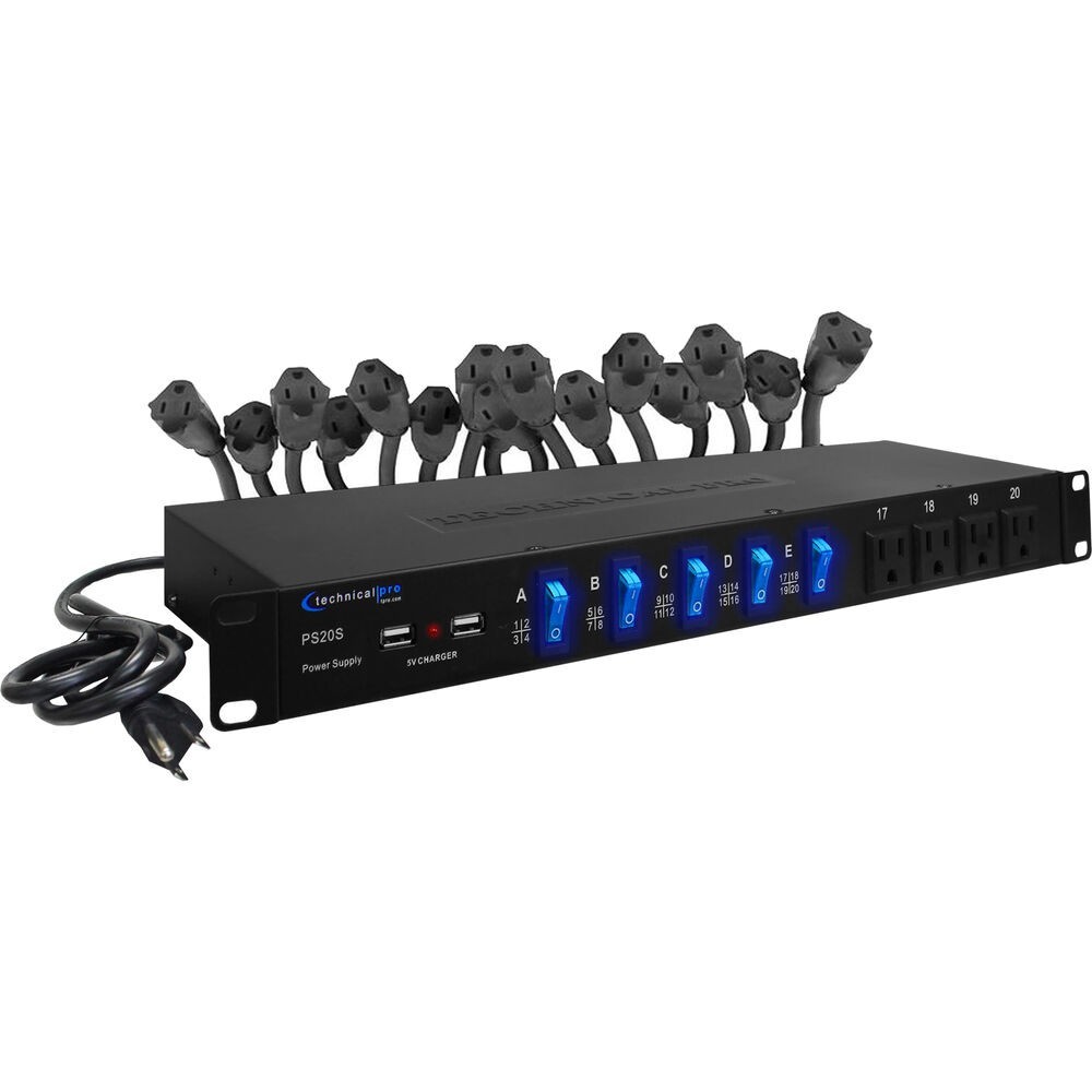 Technical Pro PS20S Outlet 4 USB Port Rackmount Power Supply and Surge Protector