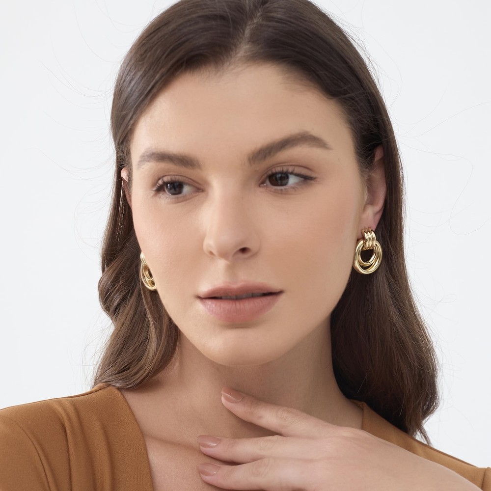 Gold-Plated Chunky Earrings, Knot Link Circle Drop Dangle Statement Studs for...
