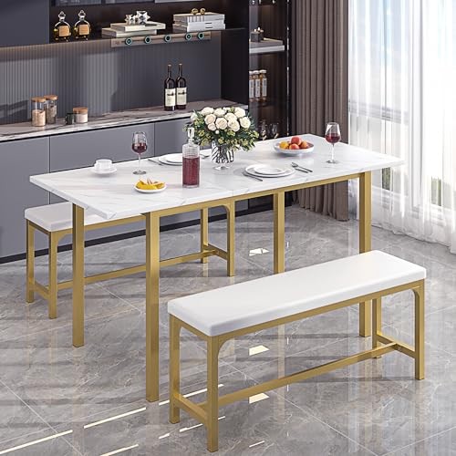 3-Piece 63" Extendable Kitchen Table with Benches/Chairs, Modern White