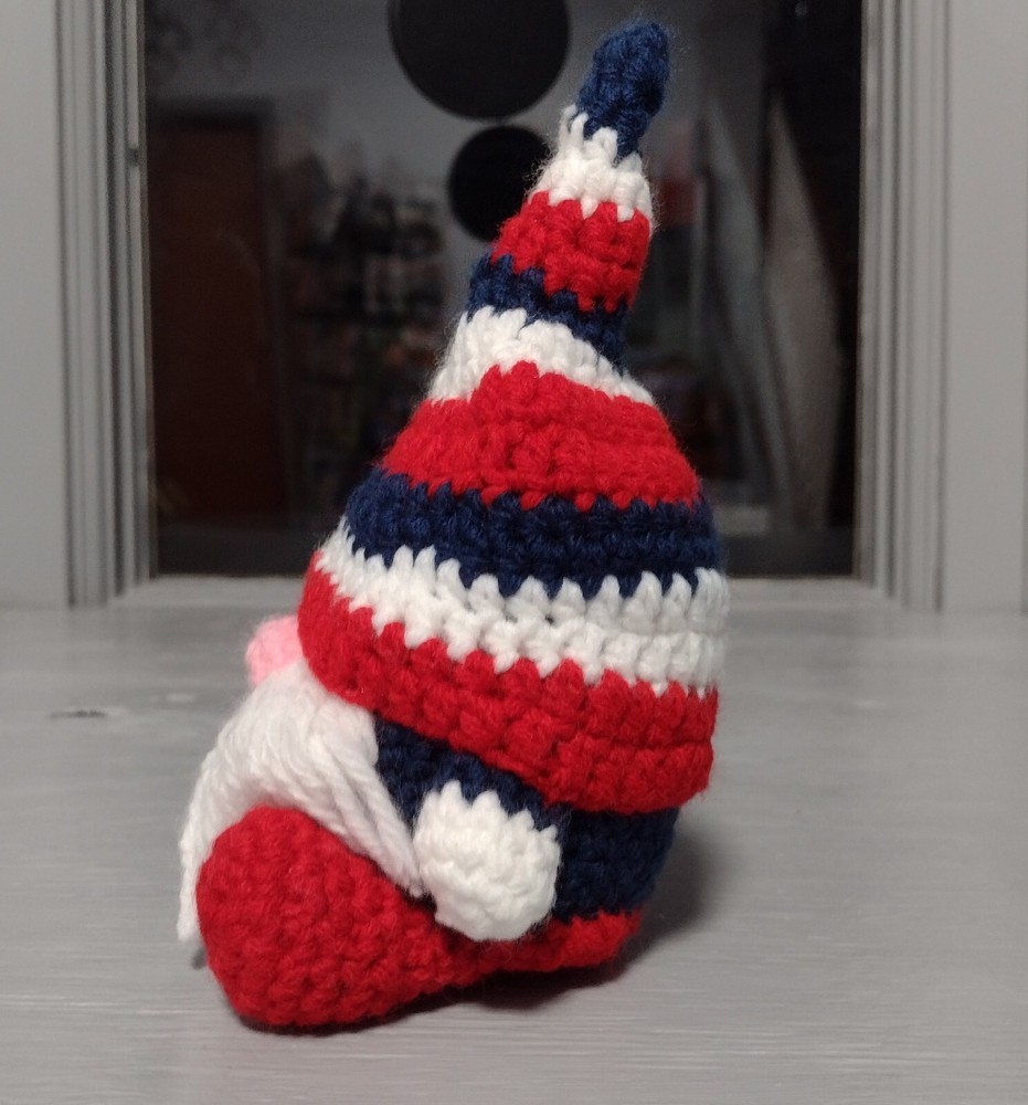 Handmade Crochet Stuffed Gnome Red White Blue