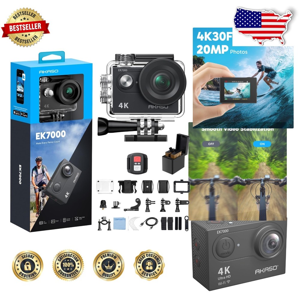 EK7000 4K 30FPS Action Camera, 20MP EIS, 131ft Waterproof, WiFi Remote Control