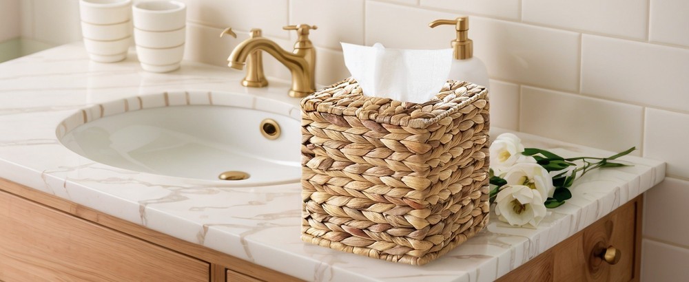 Square Wicker Tissue Box Cover Boho Decorative Holder Natural Rattan