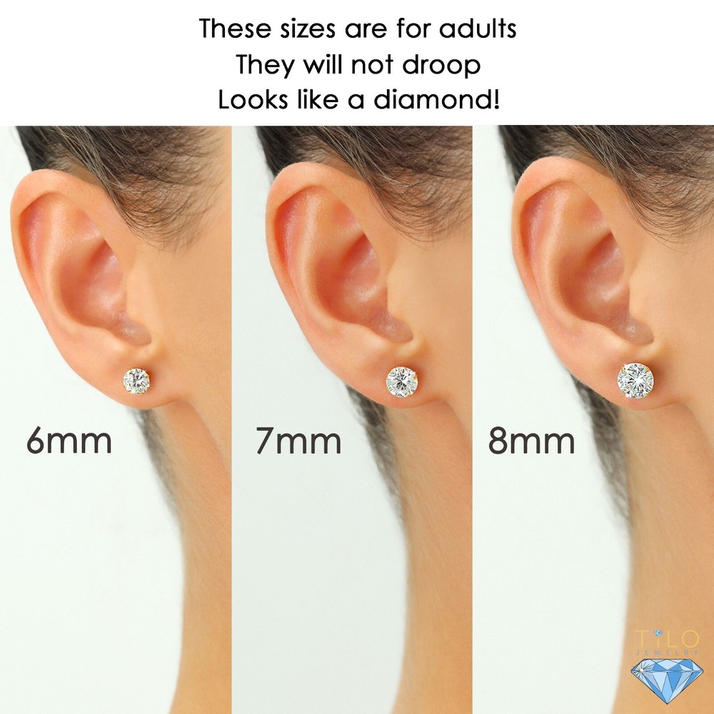 10K Solid Yellow Gold Solitaire Round CZ Sleeper Stud Earrings Screwback 2mm-8mm