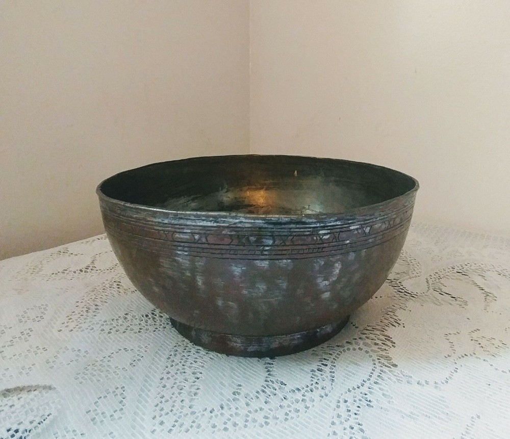 Antique Middle Eastern Hammered Copper Footed Bowl Marked