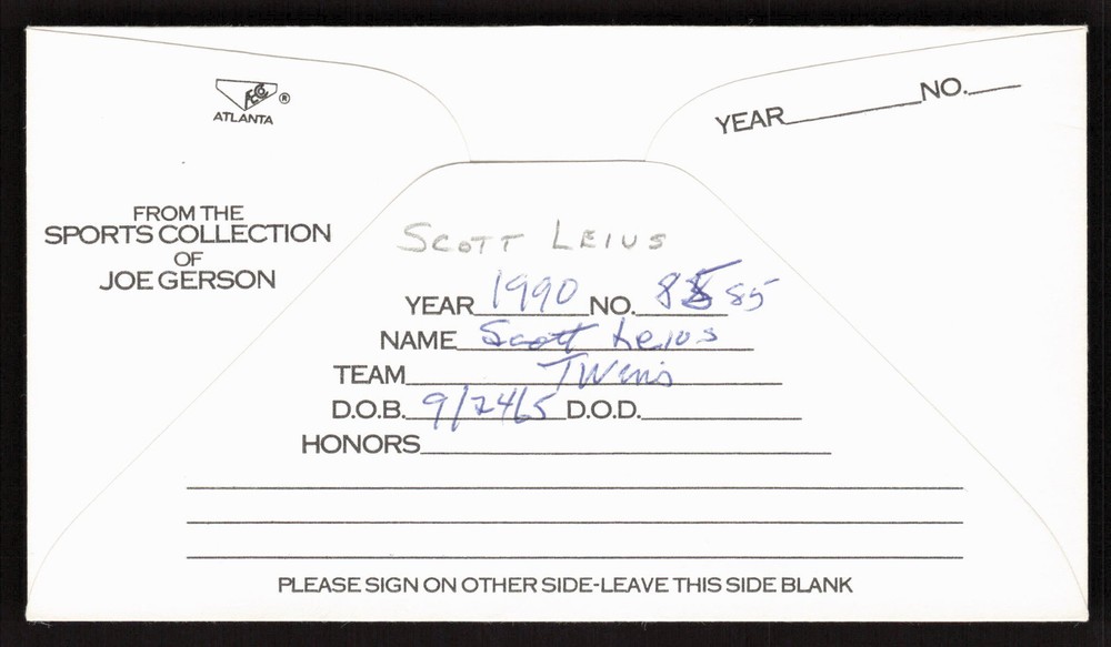 Scott Leius Signed Baseball Postal Envelope Minnesota Twins Auto