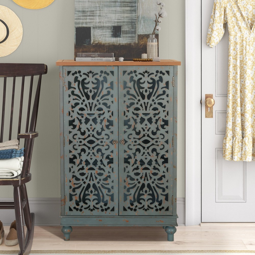PHI VILLA 47.4" Tall Accent Distressed Cabinet Storage 2 Doors Handmade Rustic