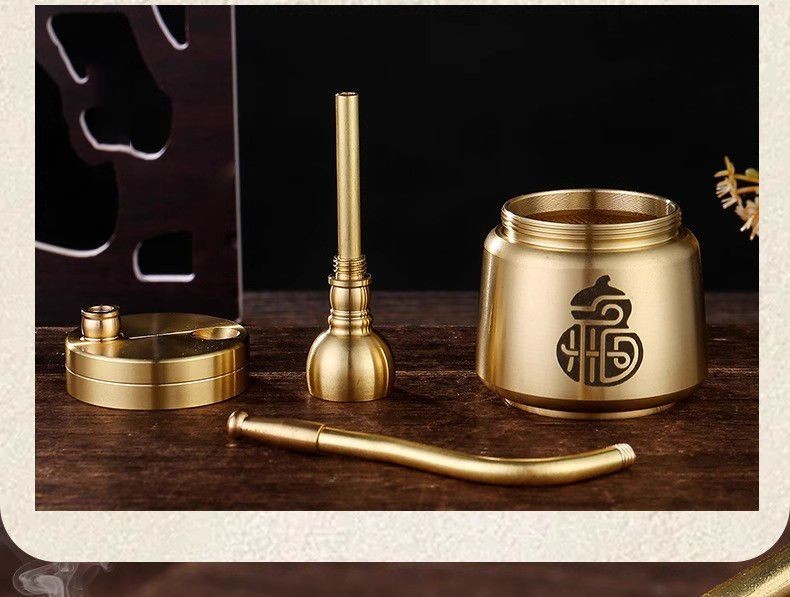 Brass Fu Pattern Cylinder Hookah Water Pipe Detachable Filter Tobacco Pipe