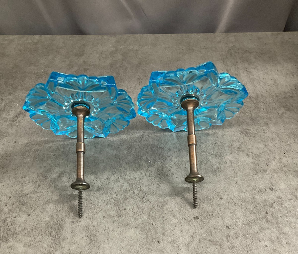 Vintage decorative glass curtain pull backs, blue floral