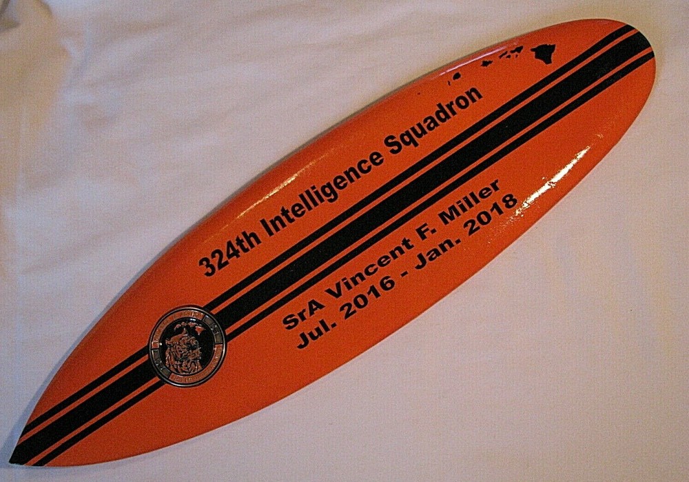 UNIQUE USAF 324th INTELLIGENCE SQUADRON WOOD SURF BOARD 20" WALL-HANGER