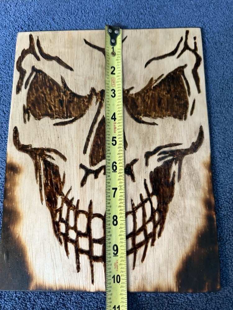 Handmade Pyrography Full Face Skull 8x10” Wall Hanging
