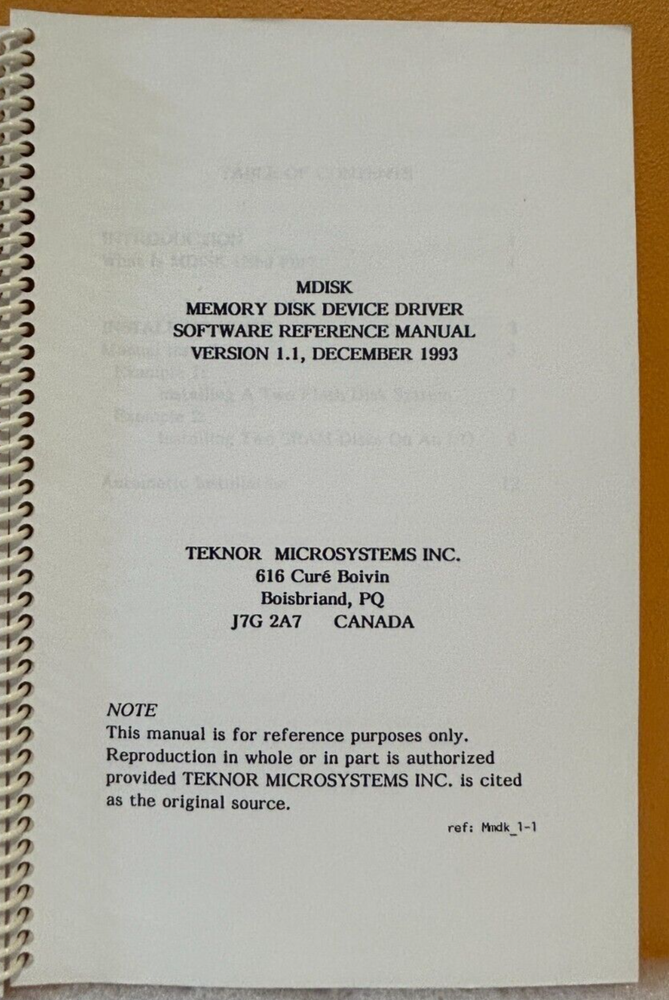 Teknor 1993 MDISK Memory Disk Device Driver Software Ref. Manual.