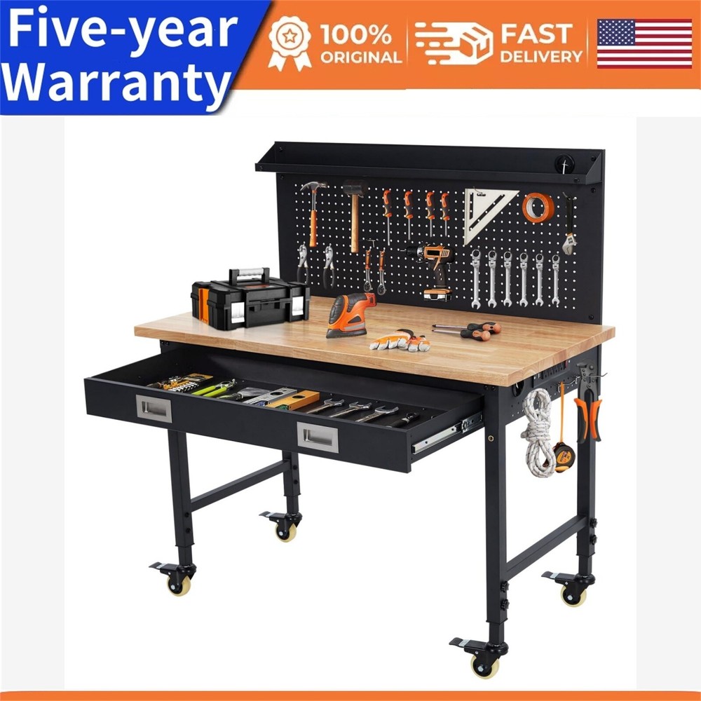 48" Workbench Adjustable Height Power Outlets Hooks Garage Storage 2000 LBS Load