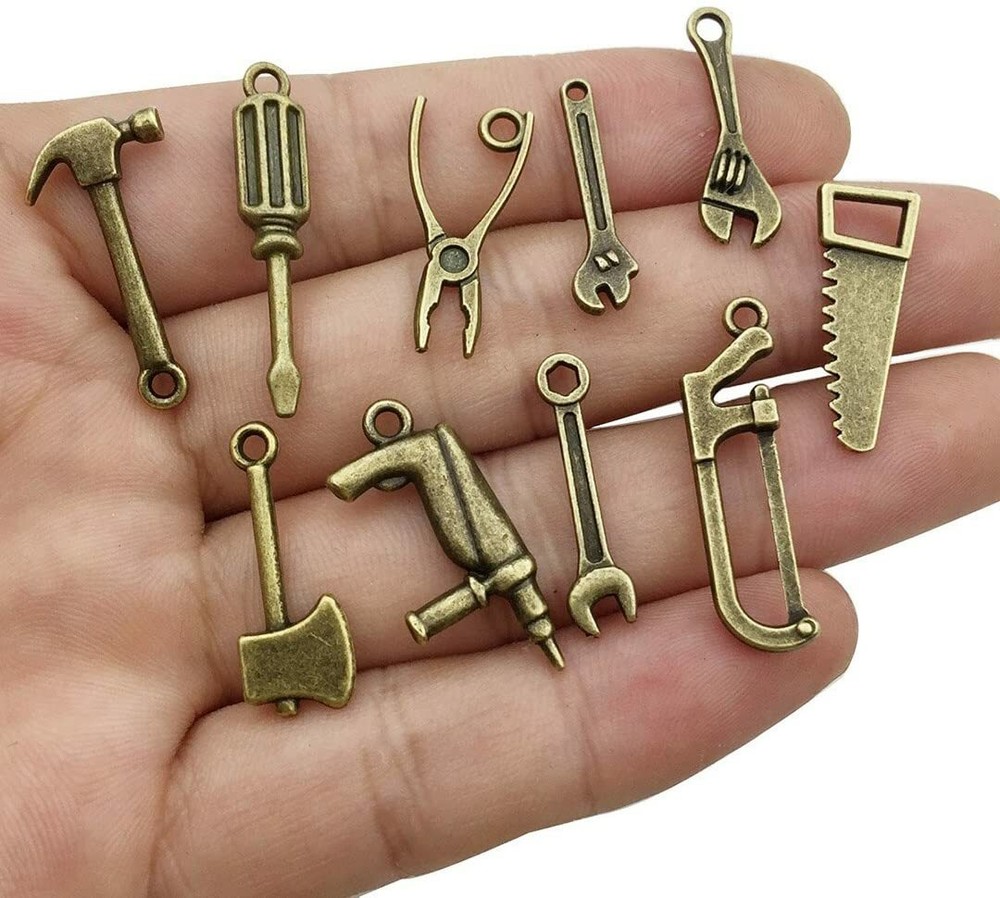 6 Tool Charms Antique Bronze Tone Construction Worker Pendants 2 Sided Assorted
