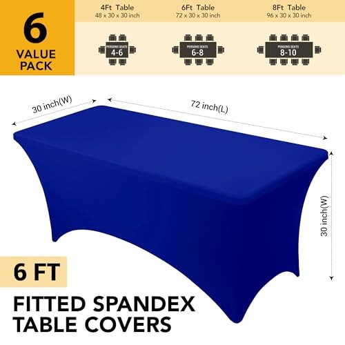 6-Pack Premium Spandex Tablecloths for 6ft Rectangle 6 FT | 6 Pack Royal Blue