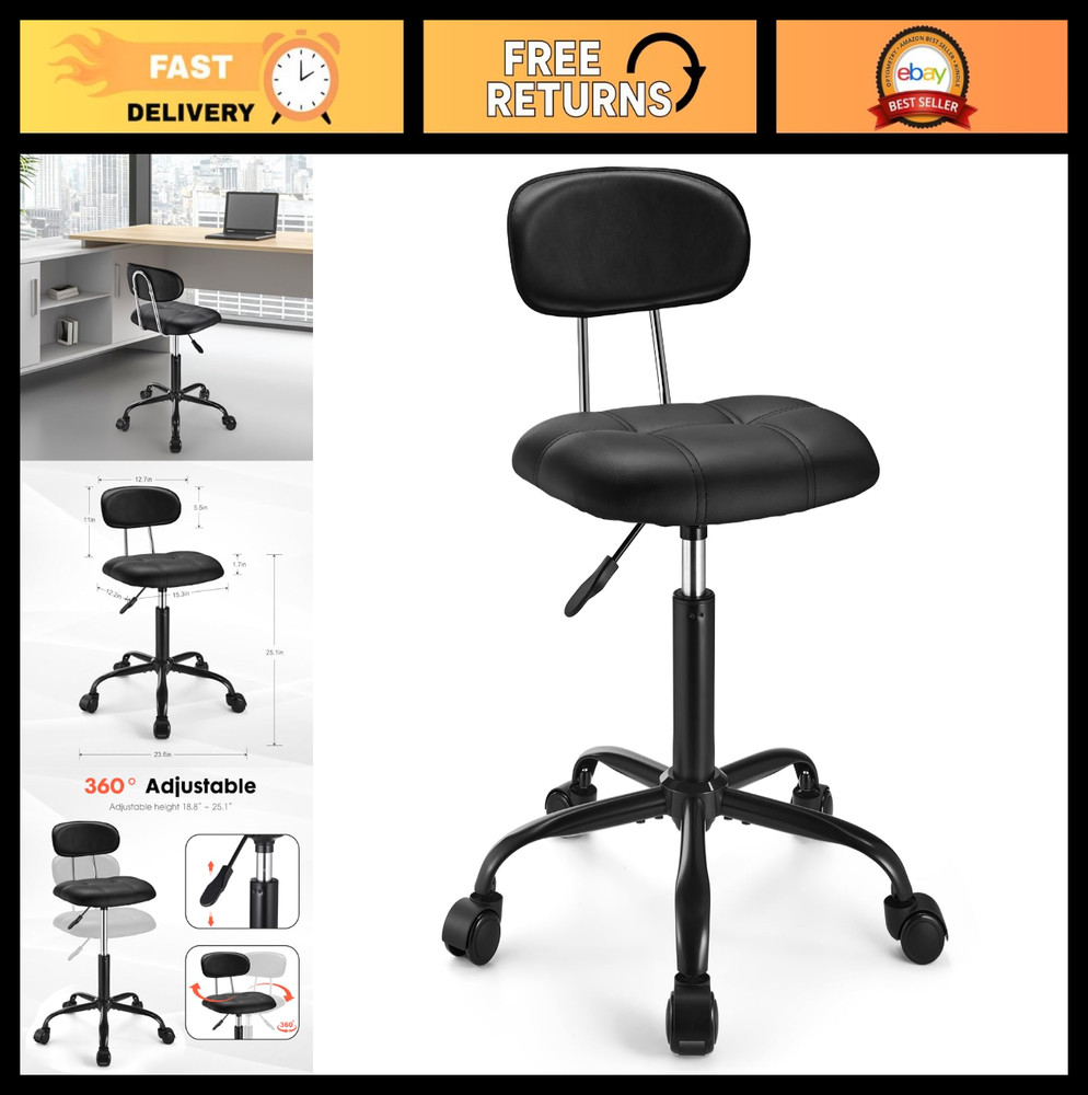 Height Adjustable Square Rolling Stool with Backrest, Swivel Drafting Chair, Whe
