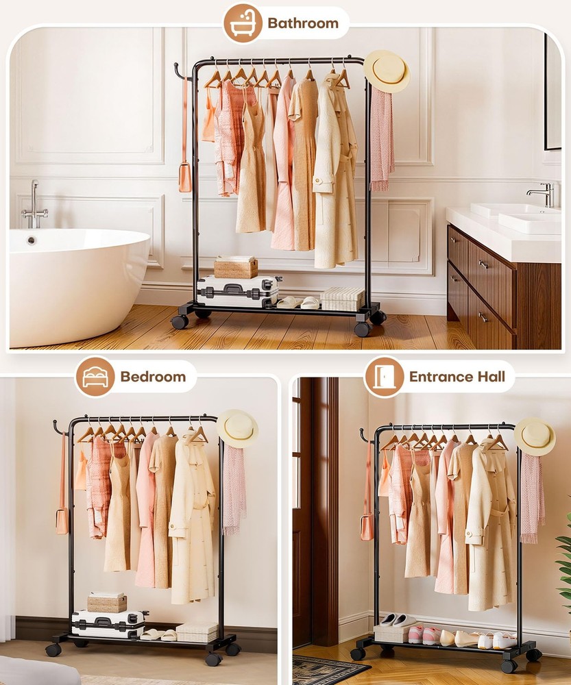 Rolling Clothes Rack with Hooks: Standing Garment Storage for Indoor - Hangin...