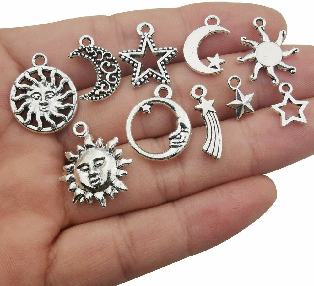 10 Assorted Sun Pendants Antiqued Silver Moon Celestial Mixed Charms