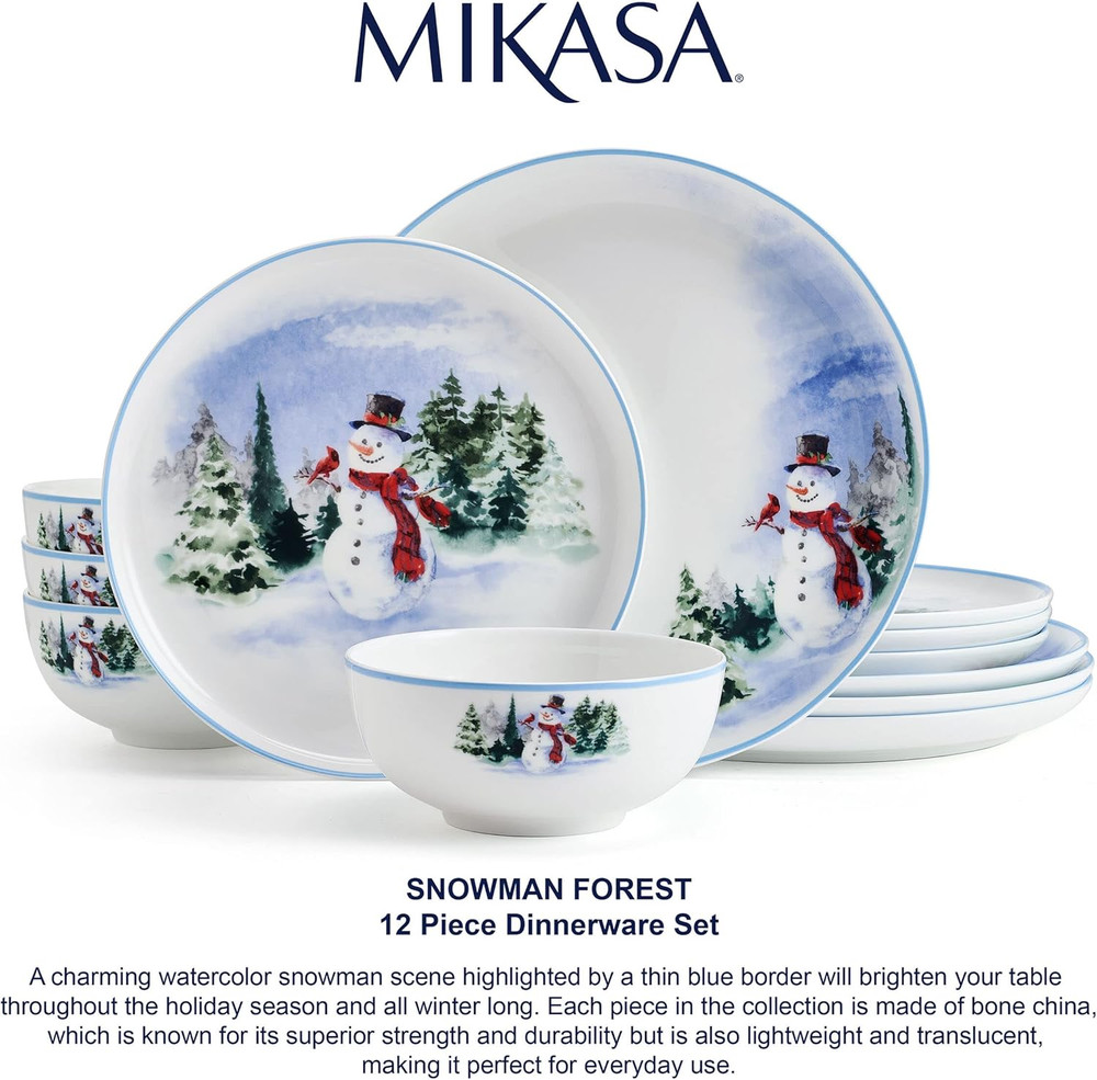Snowman Forest Chip Resistant 12 Piece Dinnerware Set, Service for 4