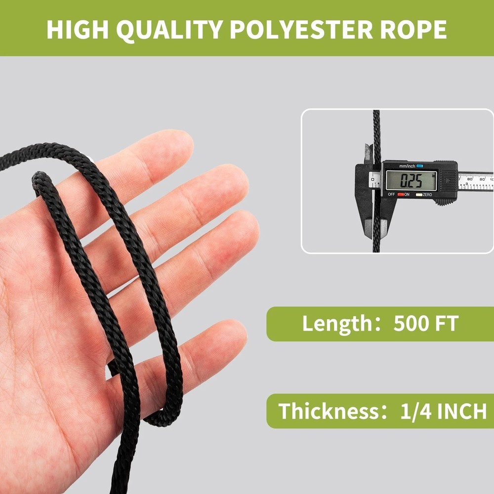 1/4 500ft Black Polyester Solid Braid Rope Outdoors