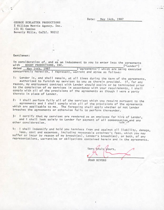 JOAN RIVERS - DOCUMENT SIGNED 05/14/1987