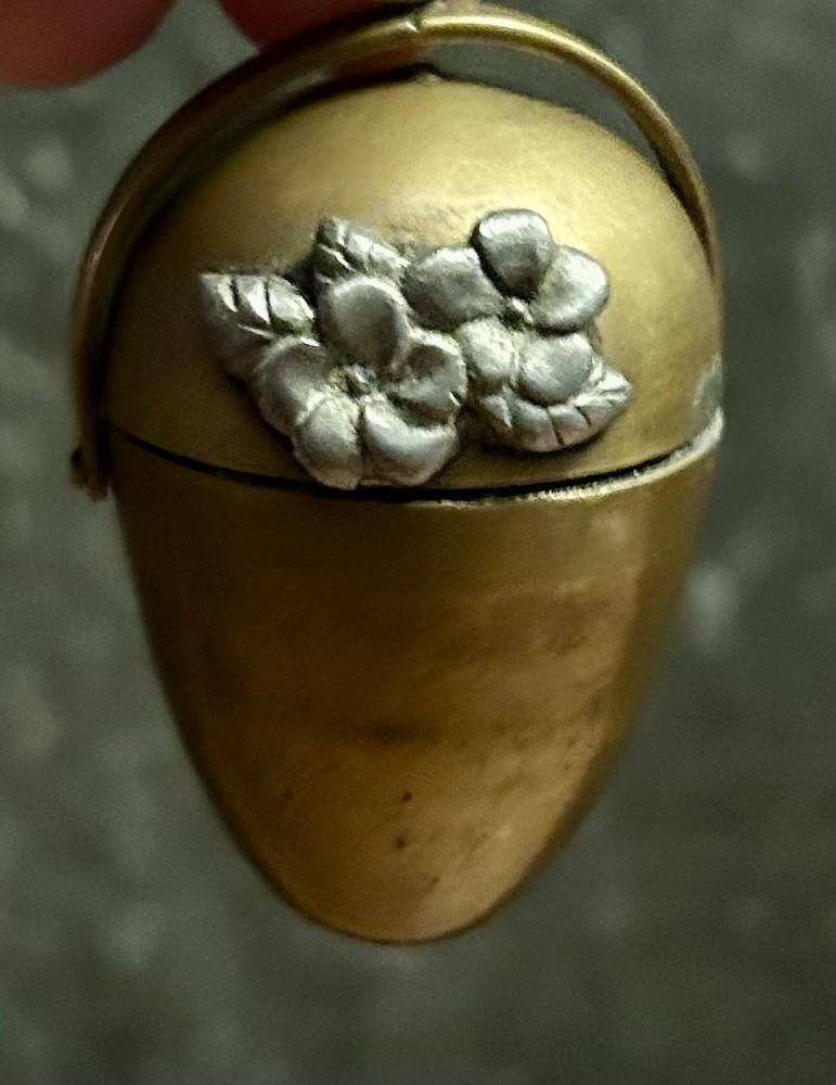 Victorian Brass Thimble Holder Sewing Egg 2" Silver Flowers Chatelaine 1880s