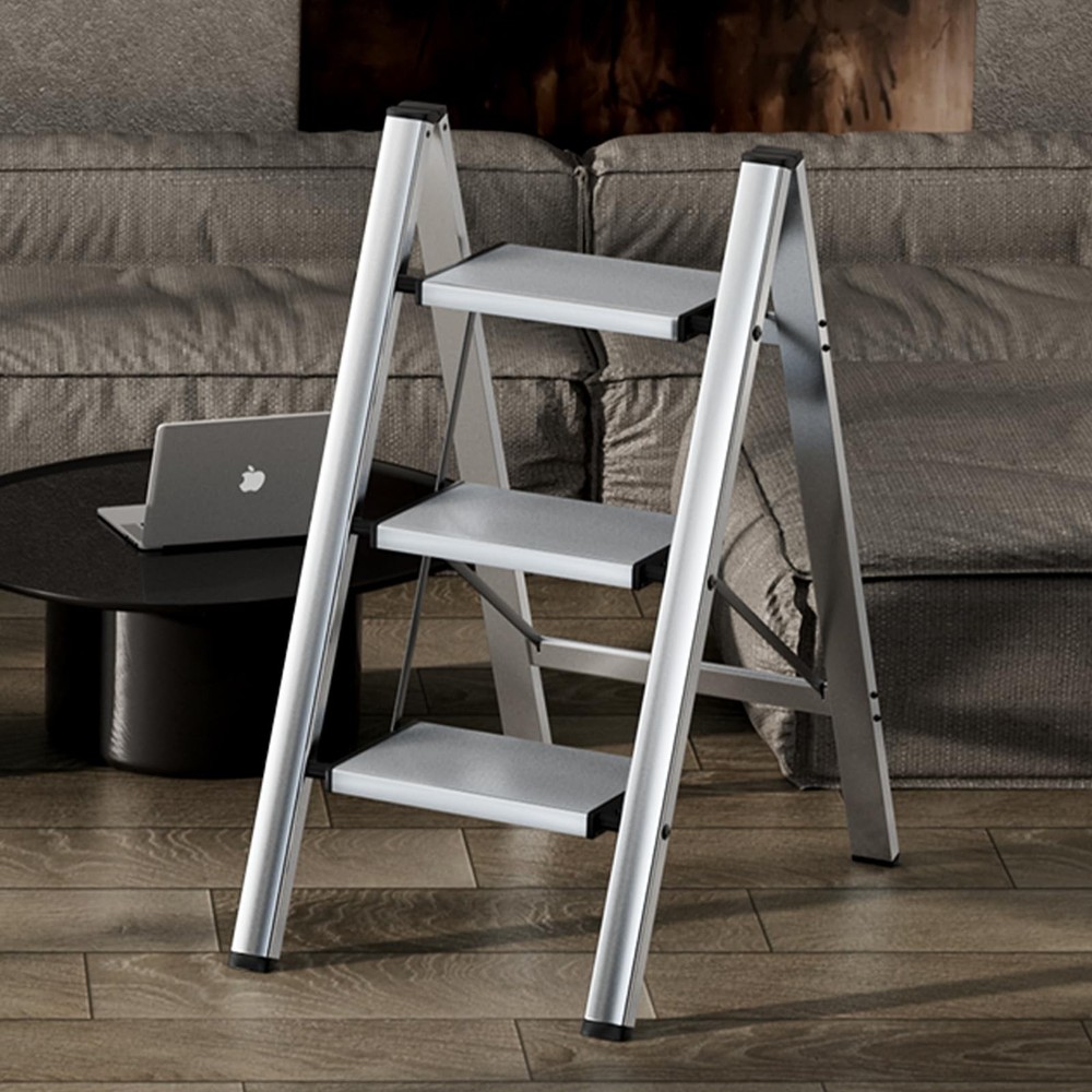 HillhutApex 3 Step Stool, Aluminum Foldable Ladder, 3 Step, Silver