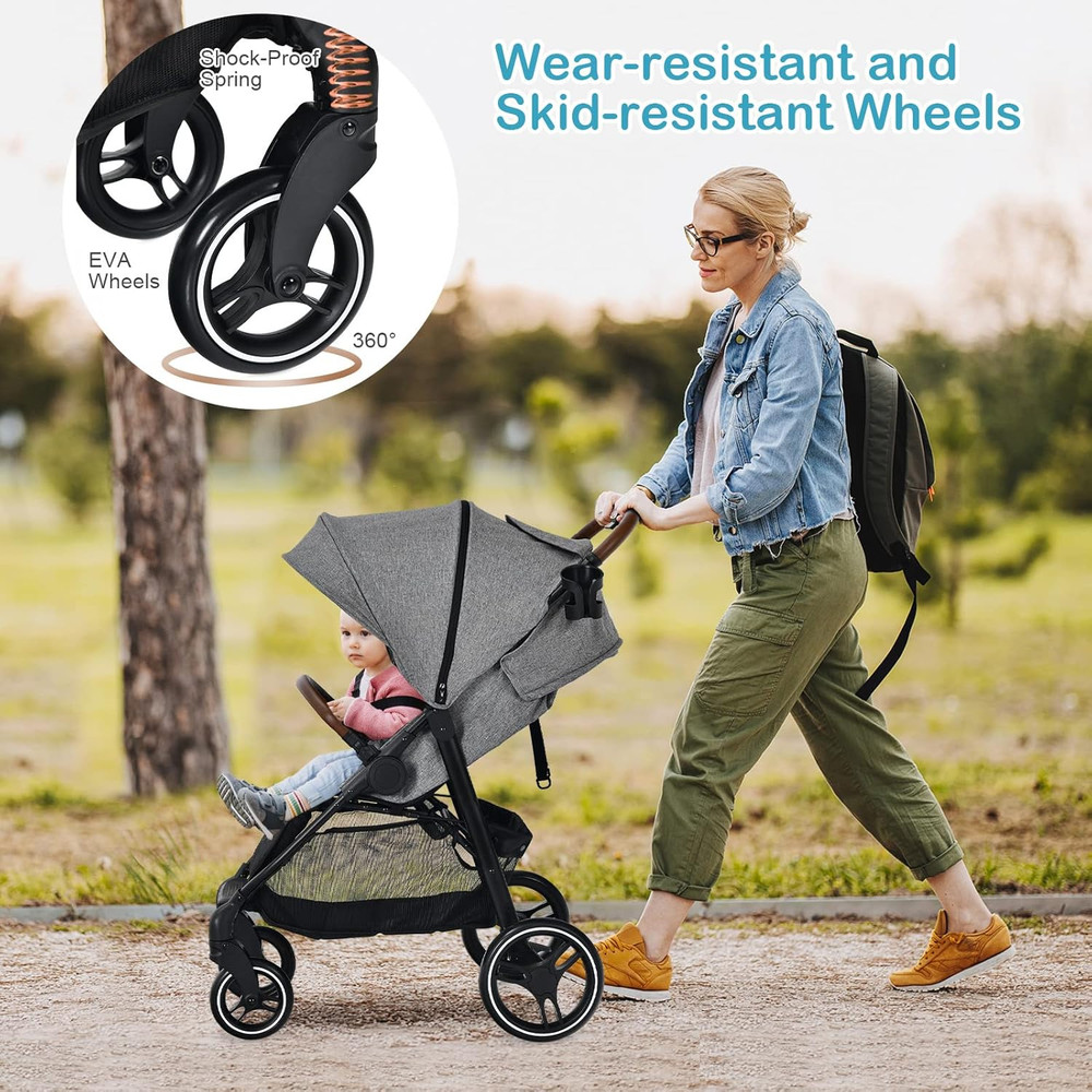 Foldable Baby Stroller with Adjustable Canopy & Storage Basket - Gray