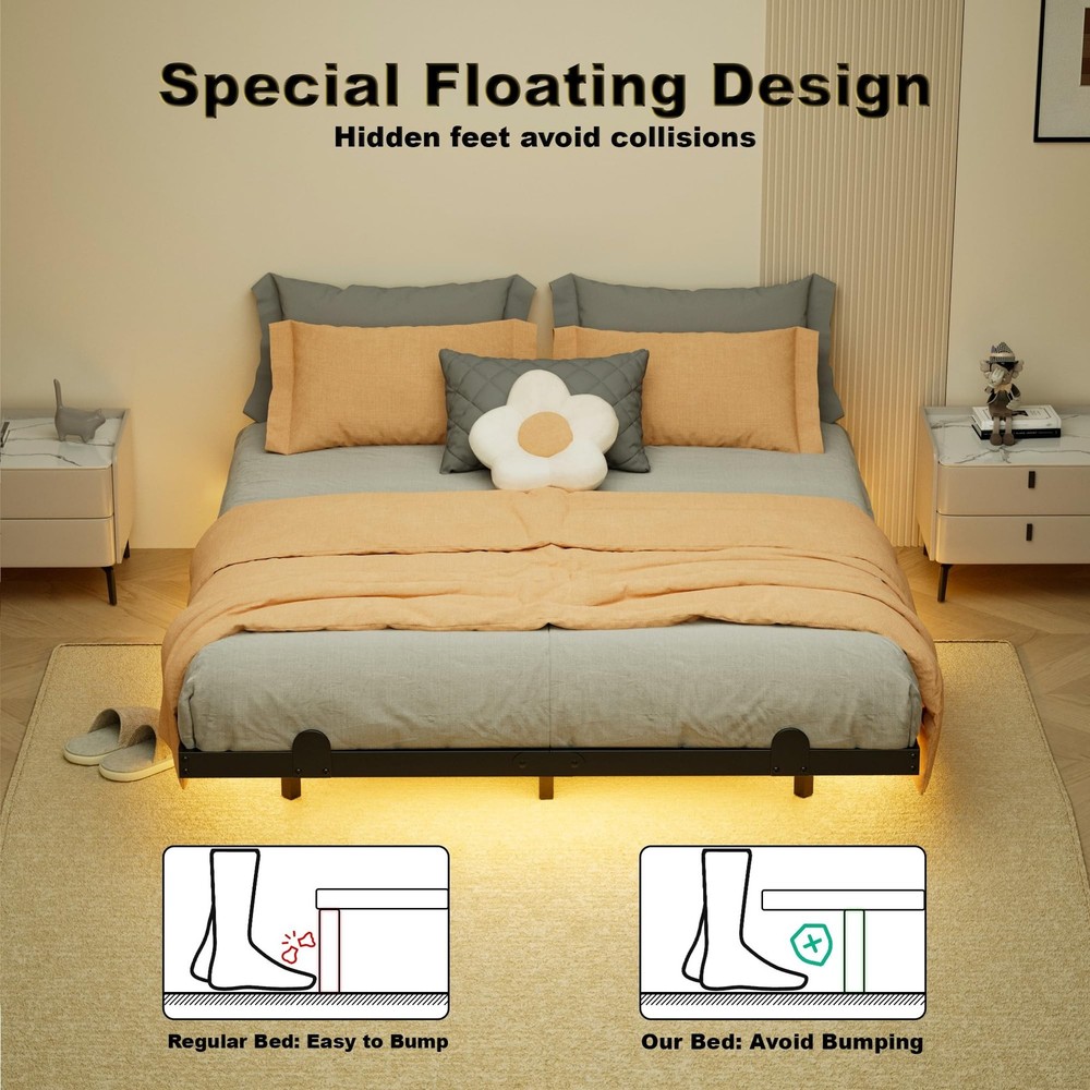 Floating Bed Frame Full Size with Smart LED Lights and Charging Station - Mod...