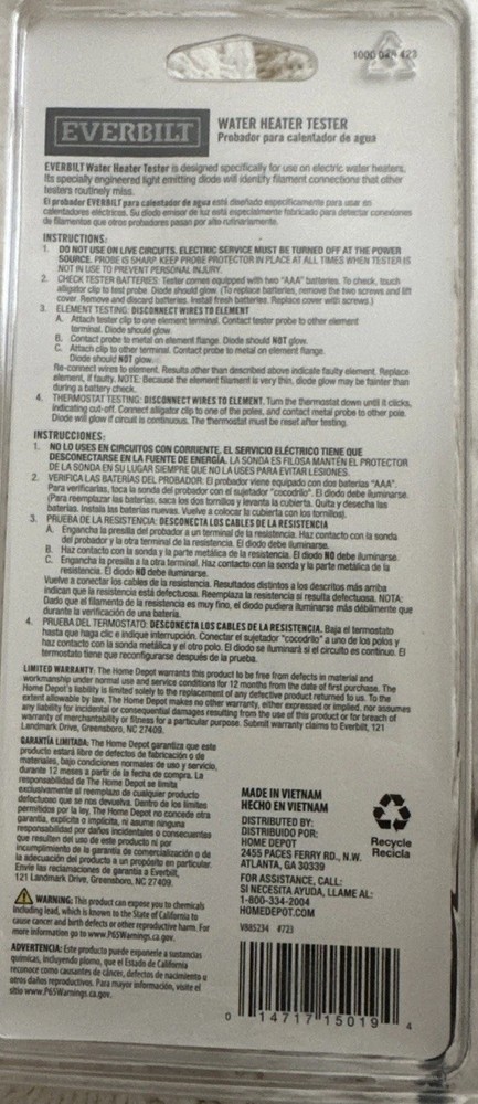 Everbilt Water Heater Continuity Tester, 1000 045 423 New Sealed