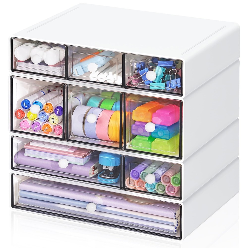 Desk Storage Organizer with 9 Drawers, 4 Tiers Stackable Desktop Craft Storag...