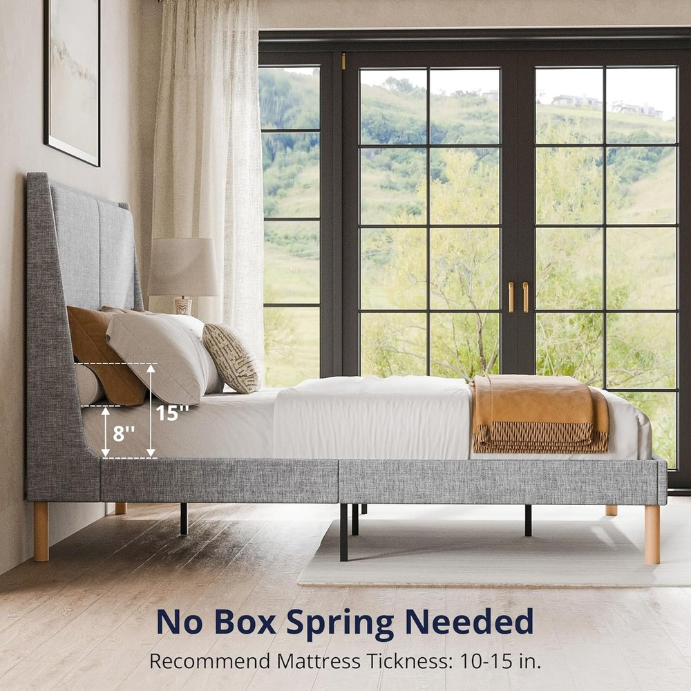 Full Size Upholstered Platform Bed Frame with 51.2"Tall Wingback Headboard Metal