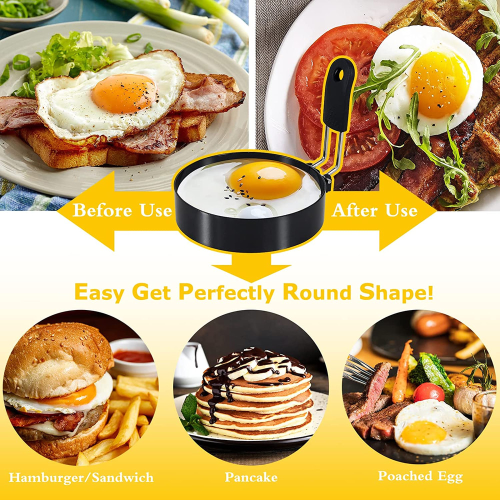 2-Pack Round+Square Egg Rings Set with Silicone Handle, Stainless Steel Egg Cook