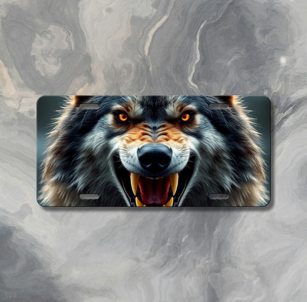 Snarling Wolf License Plate Fang Design Customizable Front Bumper Plate Gift Ide