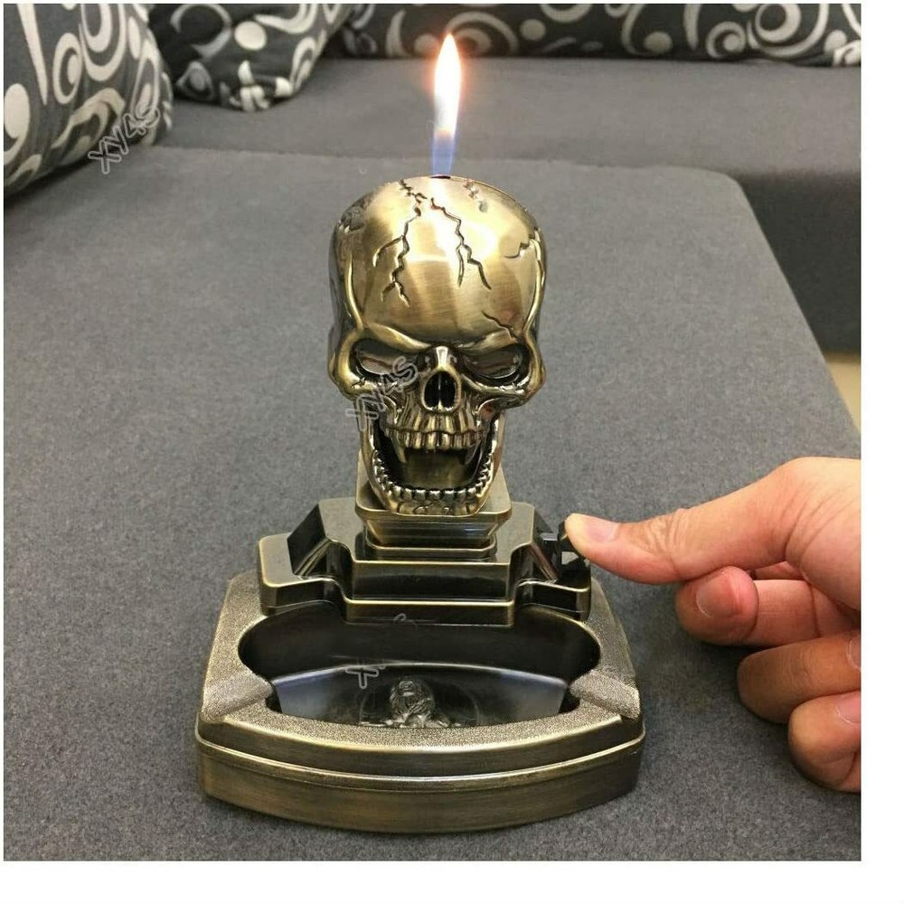 Skull Skeleton Shaped Novelty Cigarette Cigar Refillable Lighter with Ash Tray