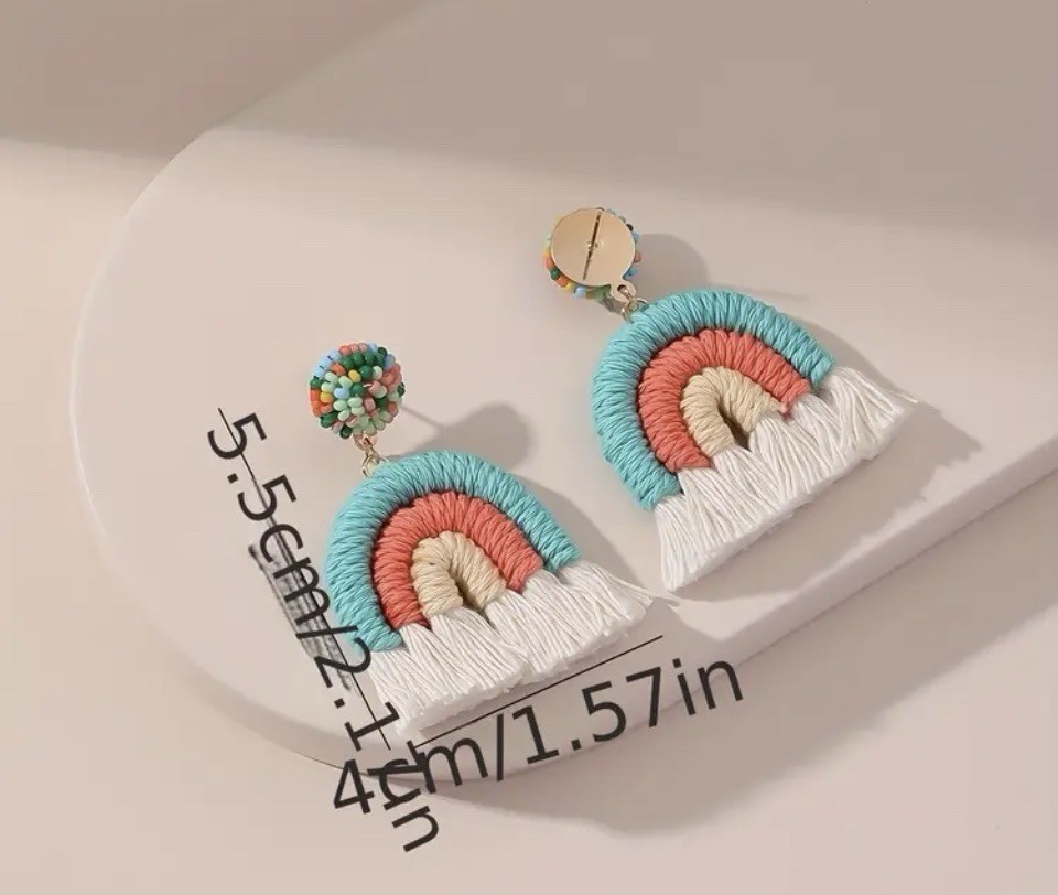 Bohemian Rainbow Dangle Earrings Multicolor Thread Fabric Beads 5.5cm x 4cm