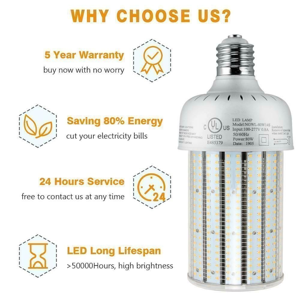 80W E39 LED Corn Bulb Lights Replace 250W MH/HPS/HID Warehouse Shop Light 5000K