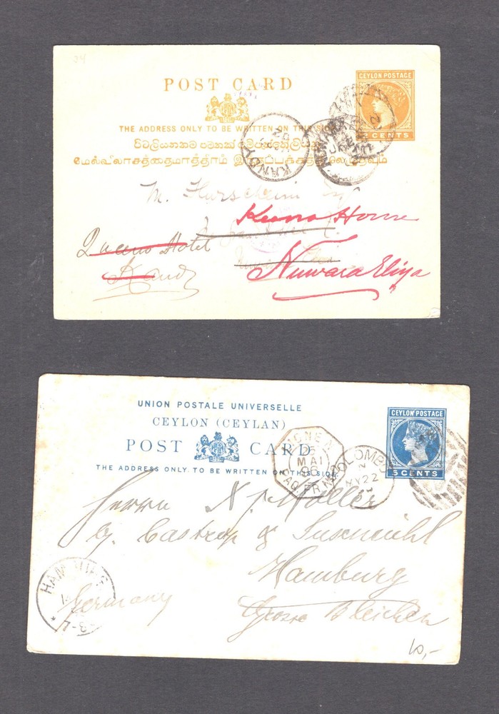 Ceylon   2  postal   cards    used  , one  redirected