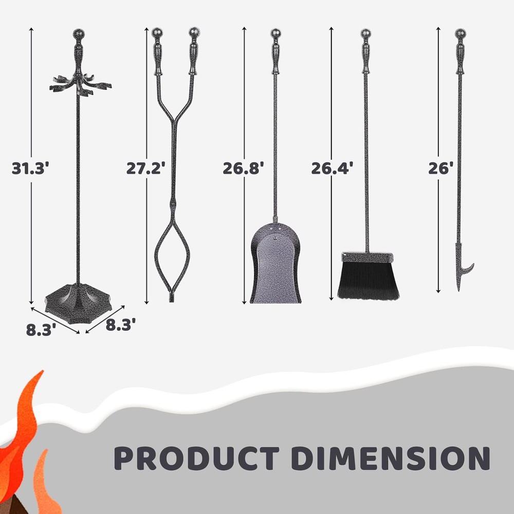 5-Piece Wrought Iron Fireplace Tool Set with Ergonomic Handles - Grey