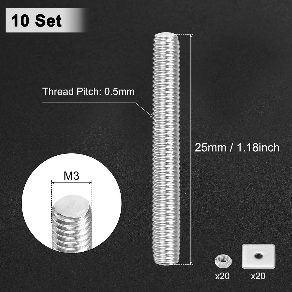 10-Set Fully Threaded Rod, M3x25mm Right Hand Thread Bar Studs with Nuts