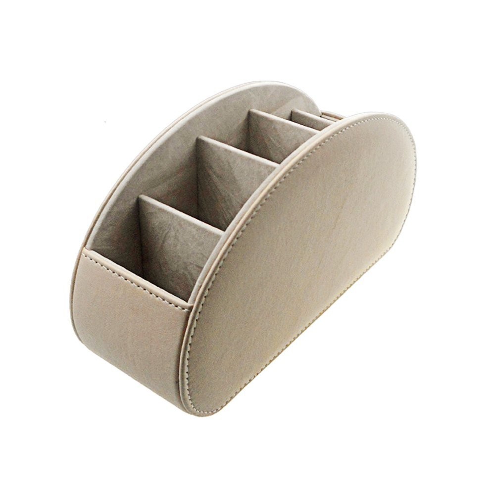 Beige Leather 5 Compartment Remote Control Holder Desk Storage Organizer Caddy