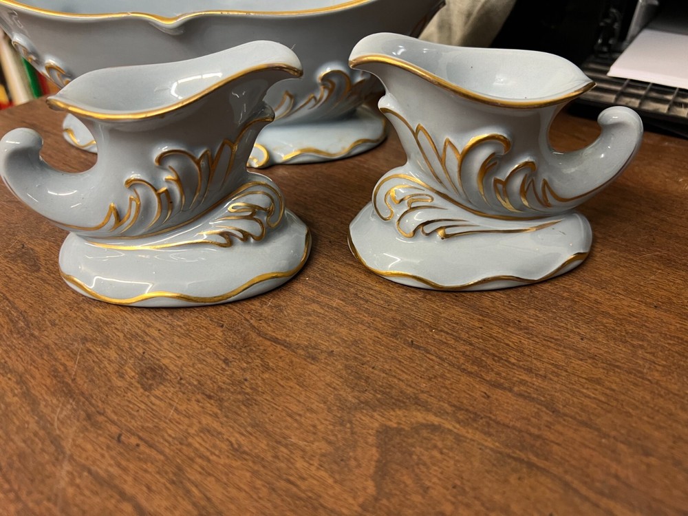 3 Piece Blue Ceramic Console Set w/ Gold Decoration