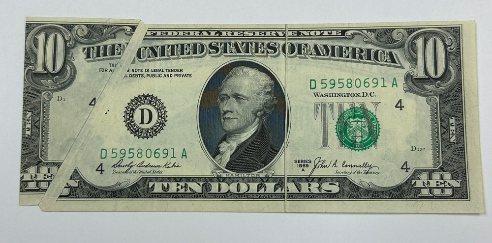 $10 ERROR - 2 GUTTER FOLDS & OFFSET on Front Only - 1969 FRN