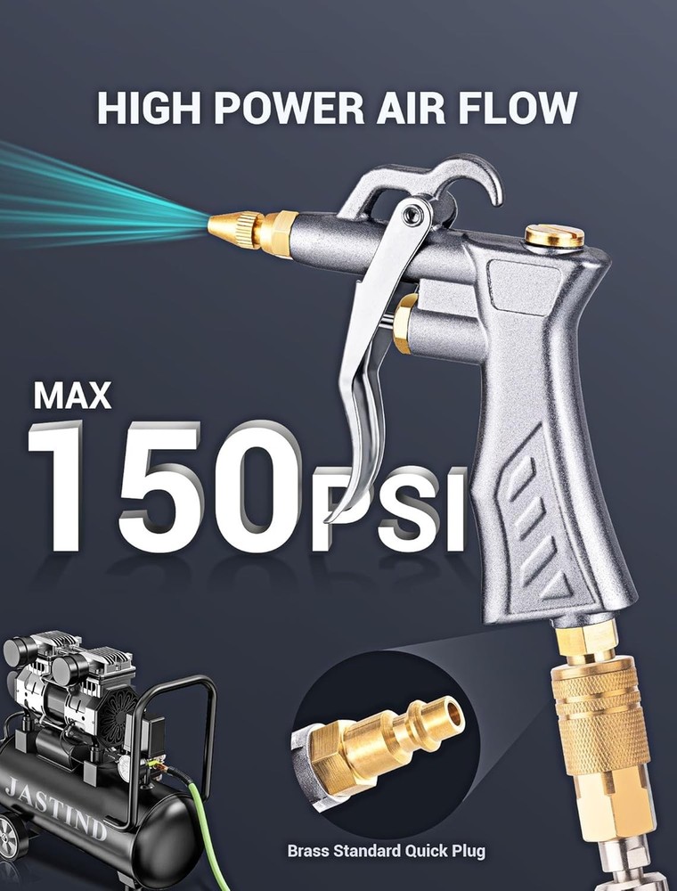 Powerful Air Blow Gun with High Volume Flow & Easy Control, Includes Extensions