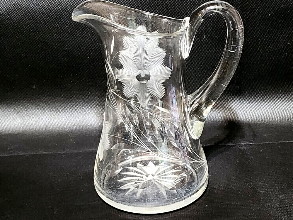 Cut Crystal Pitcher Floral Etched 8.5"