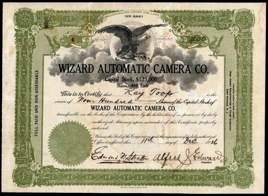 1926  Wizard Automatic Camera Co - UNCANCELLED - EX RARE  Certificate
