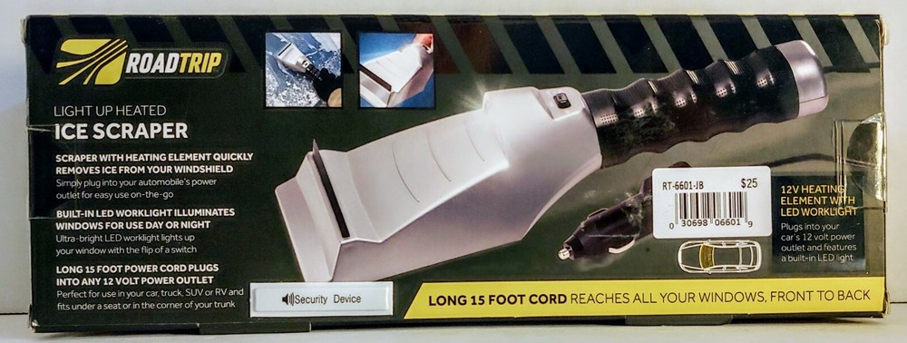 12V Heated Auto Windshield Scraper w/LED Flashlight Melts Away Ice in Seconds