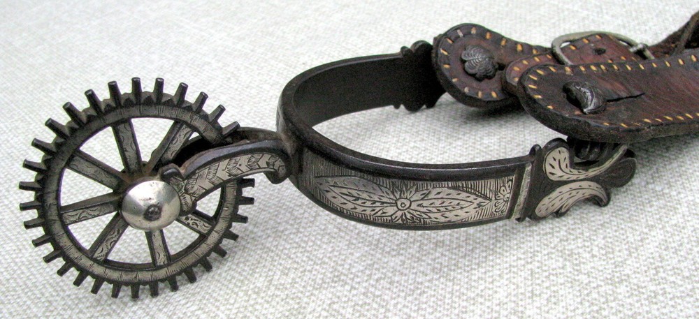 SPANISH COLONIAL TRANSITIONAL DBL MTD ENGRAVED 2 PATTERN CLOCK GEAR ROWELS c1850