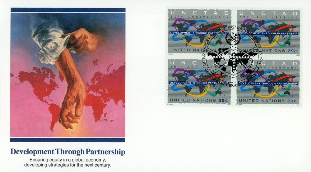 United Nations New York 653-654 FDC Block Set Development through Partnership