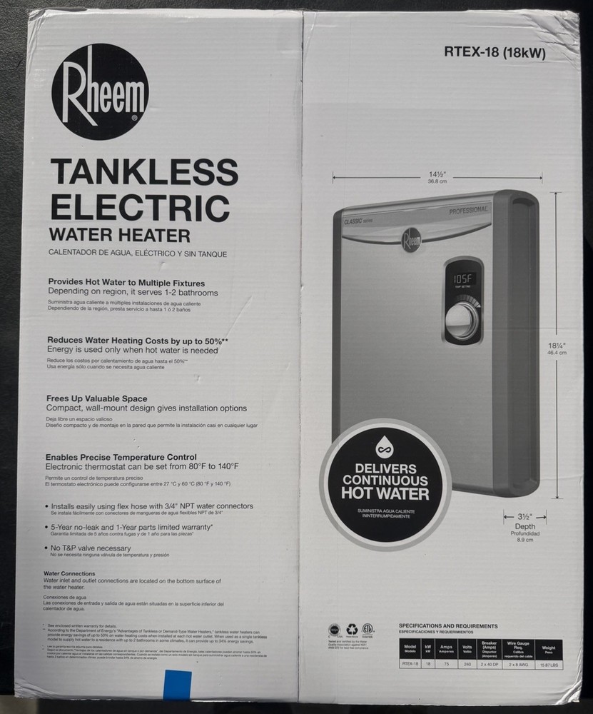 RHEEM RTEX-18 PROFFESIONAL Tankless Instant Electric Water Heater 240VAC, 18Kw