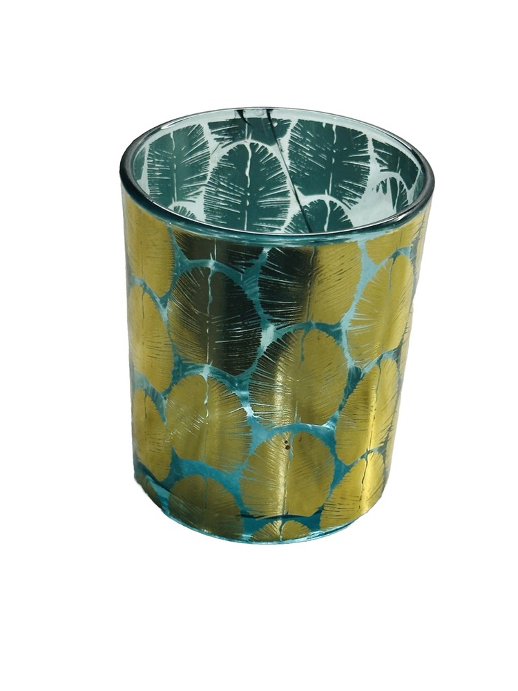 Candle Holder - Tea Light Blue & Golden Leaf Pattern 3.76 Inches Tall